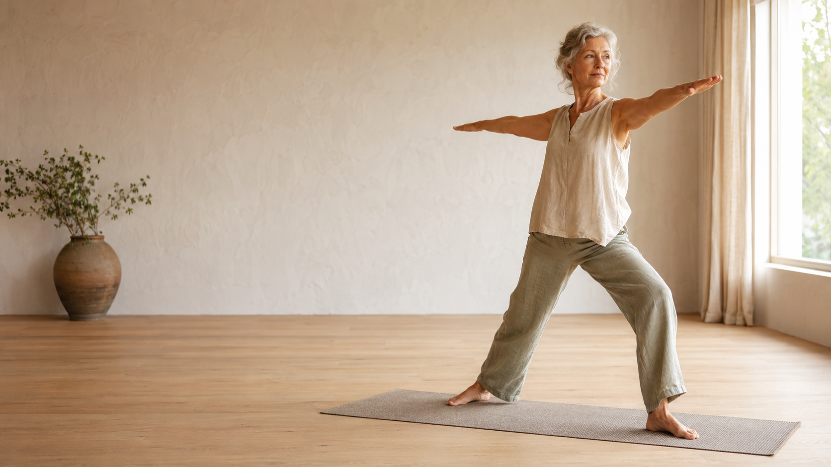 Sanfte Yogapraxis in einer hellen, natürlichen Atmosphäre
